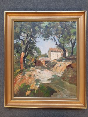 une peinture à l'huile représentant une maison sur une colline, avec des arbres au premier plan