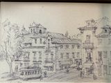 dessin représentant une esquisse d'un bâtiment avec une tour horloge en arrière-plan
