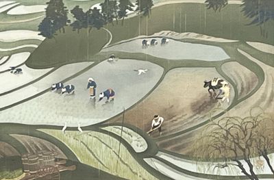 un tableau représentant un groupe de personnes faisant du vélo dans un parc