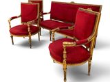 three red chairs with gold trim and red cushions on a white background