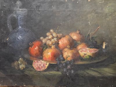 a painting of a plate of fruit and a vase on a table