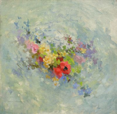 une peinture à l'huile représentant des fleurs dans un bol posé sur une table