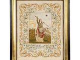 a painting of a woman holding a sword in a field
