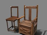 a wooden chair and a chair with a table in front of it