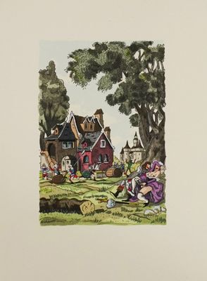 a picture of a painting of people in the yard