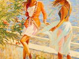 painting of two women walking on a path by the water
