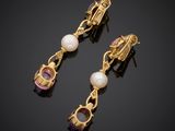 a pair of amethorate, pearl and gold earrings