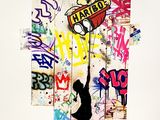 tableau représentant une personne tenant un skateboard orné de graffitis