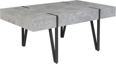 the table is made of concrete and black metal legs