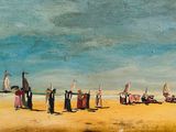 une peinture représentant un groupe de personnes sur la plage