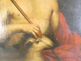 un tableau représentant un homme tenant un bâton et un chien