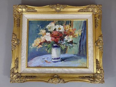 a painting of flowers in a vase on a table