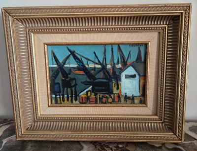 painting of a painting of a man and a woman in front of a boat