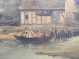 a painting of people in a boat on the water