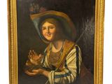 an oil painting of a woman holding a bird in her hand
