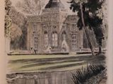 drawing of a large building next to a body of water