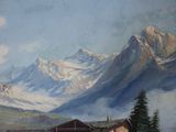 a painting of a mountain scene with a cabin in the foreground