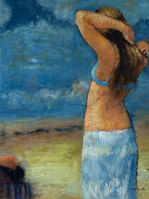 un tableau représentant une femme en jupe bleue sur la plage