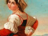 an oil painting of a woman in a red dress holding a basket