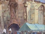 a painting of two people walking in front of a church