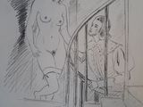 drawing of a man standing in front of a mirror next to a woman