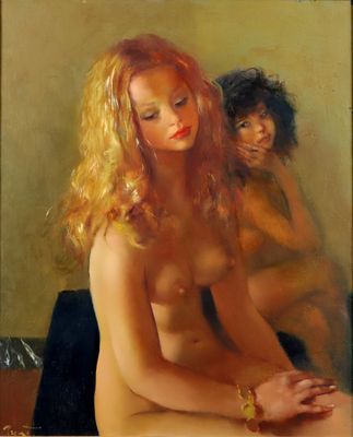 une peinture à l'huile représentant deux femmes assises sur un canapé devant un miroir