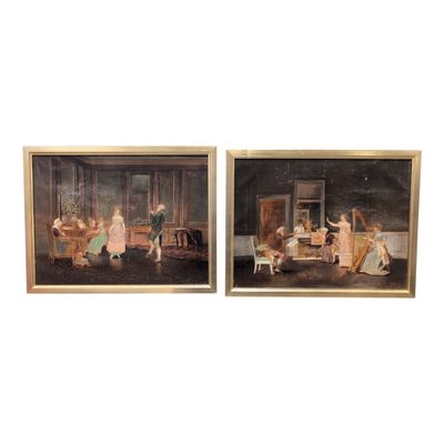 pair of 19th century oil paintings of a family in a living room