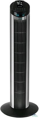 a black and silver tower fan sitting on top of a stand
