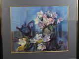 painting of flowers in a vase on a table with a blue background