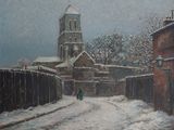 painting of a church in the snow with a person walking down the street