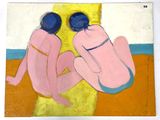 a painting of two people sitting on a beach