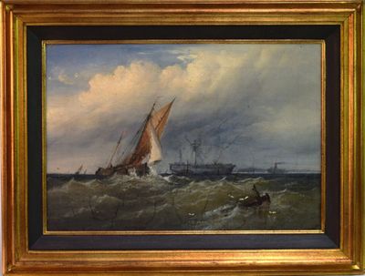 une peinture à l'huile représentant un bateau sur une mer agitée, avec un homme à bord au premier plan
