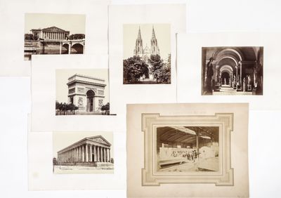 several old black and white photographs of a building and a clock tower