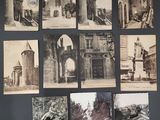 several old black and white photographs of people and buildings on a wall