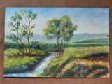 a painting of a stream running through a green field