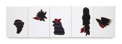 three panels of black and red artwork on a white wall