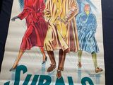 an old poster of two women in coats and a man in a hat