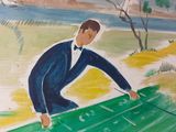 a painting of a man in a suit playing a game of golf