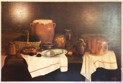 a painting of a painting of a table with food on it