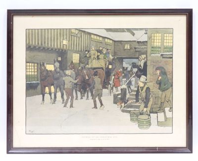 tableau représentant un groupe de personnes rassemblées autour d'une calèche