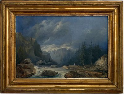 une image d'une peinture représentant une scène de montagne avec une rivière au premier plan