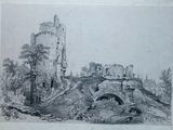 un vieux dessin en noir et blanc représentant un château sur une colline