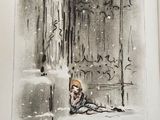 drawing of a person sitting in the snow in front of a building