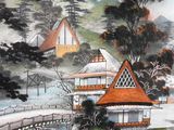 a picture of a painting of a house on the water