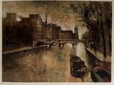 a painting of a boat on a river with a bridge in the background