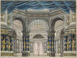 dessin représentant l'intérieur d'un palais avec des rideaux bleus et des décorations dorées