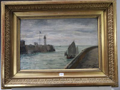 une image représentant un tableau où l'on voit un phare et des bateaux sur l'eau