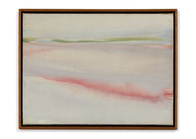an abstract painting of pink and green on a white background