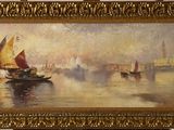 a picture of a painting of boats on the water
