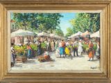 an oil painting of a market scene with people walking around